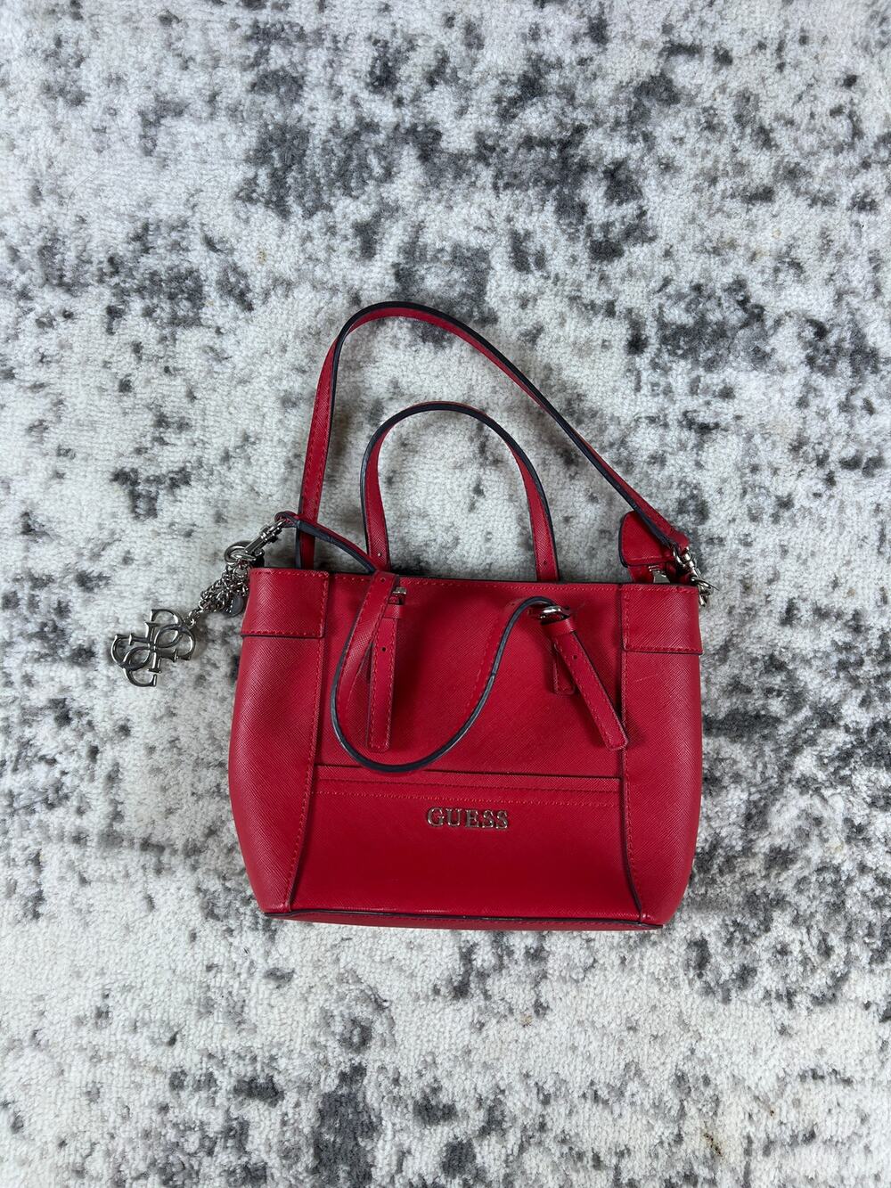 GUESS Red Tote Bag with Sliver Charms Silver Hardware Pre-Owned Excellent